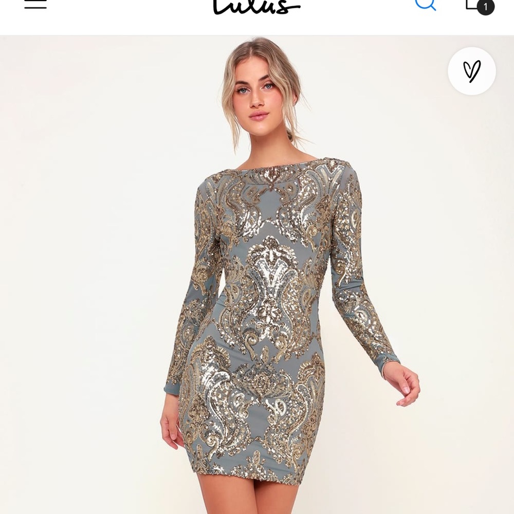 Lola Light Blue and Gold Sequin Long Sleeve Bodycon Dress Size Medium